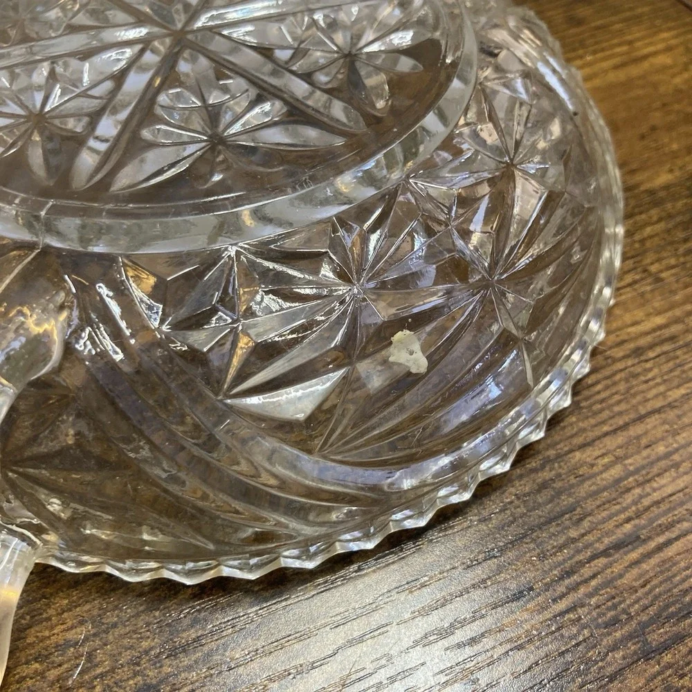 Pressed Glass Clear Handled Candy Dish Starburst Pattern Vtg